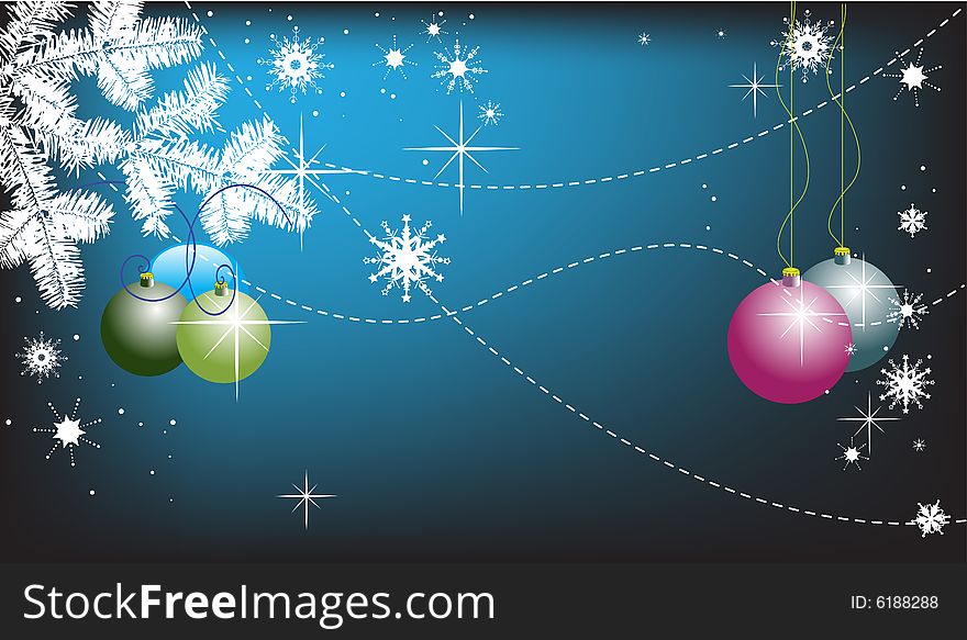 Abstract colored background with white fir branch, snowflakes and colored Christmas ball ornaments. Abstract colored background with white fir branch, snowflakes and colored Christmas ball ornaments