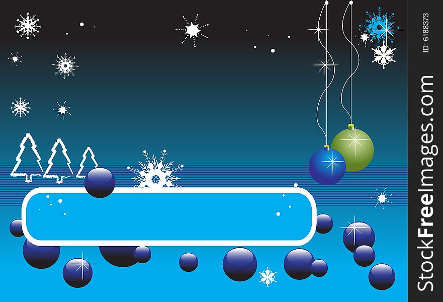 Abstract colored illustration with snowflakes, blue banner, bubbles, fir shapes and colored Christmas balls. Abstract colored illustration with snowflakes, blue banner, bubbles, fir shapes and colored Christmas balls