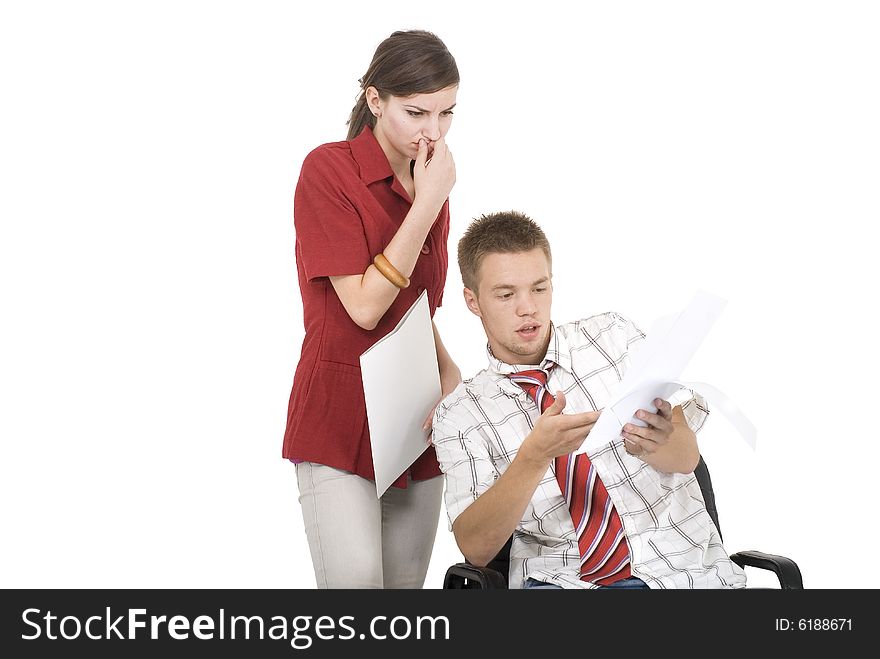 Man and woman argue in office. Man and woman argue in office