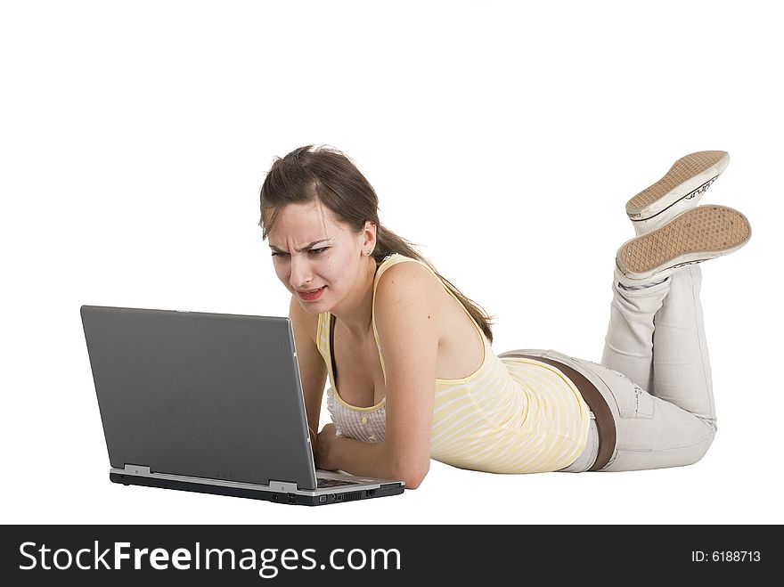 Young girl with laptop emotion. Young girl with laptop emotion