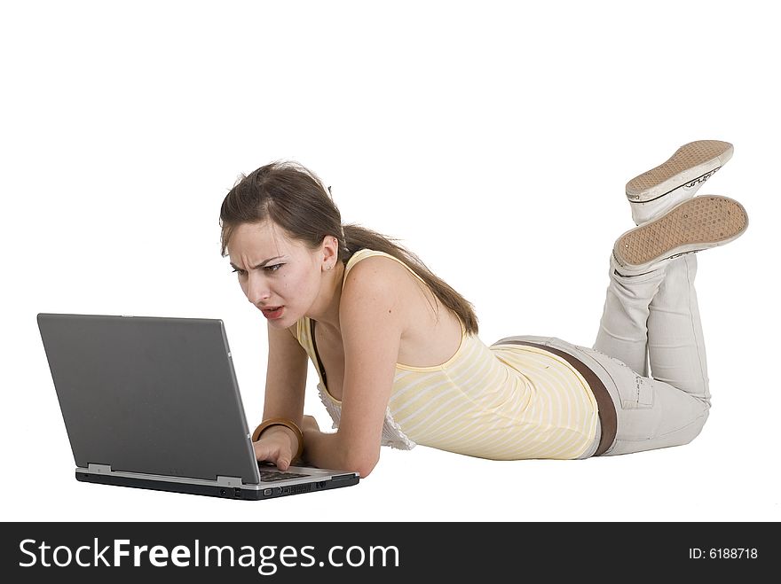 Young girl with laptop emotion. Young girl with laptop emotion