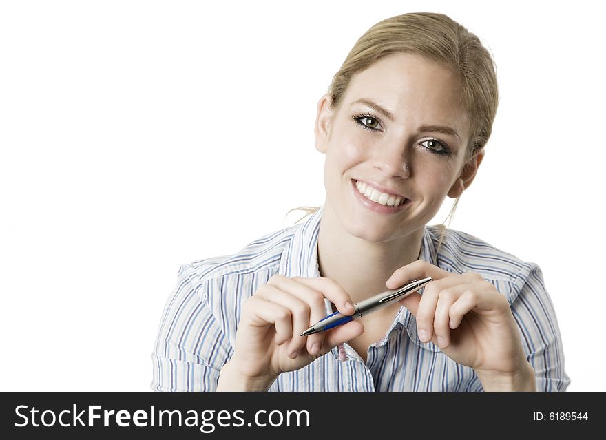 Portrait of a young attractive professional Caucasian female with a pen. Portrait of a young attractive professional Caucasian female with a pen.