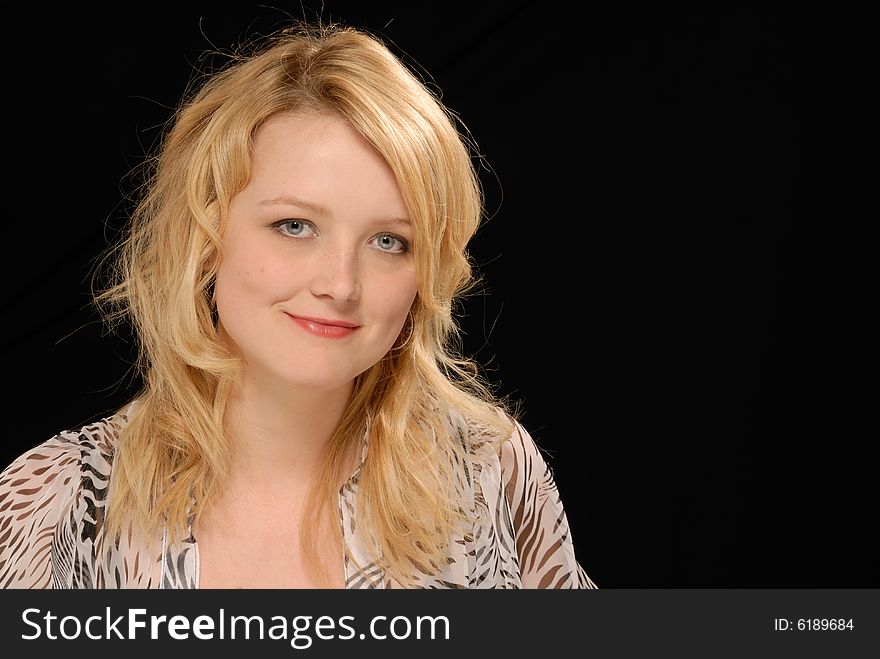 Close up portrait of cute young lady smiling, on black. Close up portrait of cute young lady smiling, on black