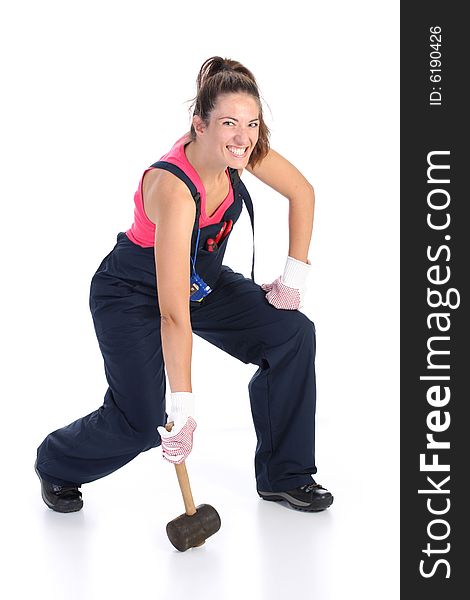 Woman with black rubber mallet on white background