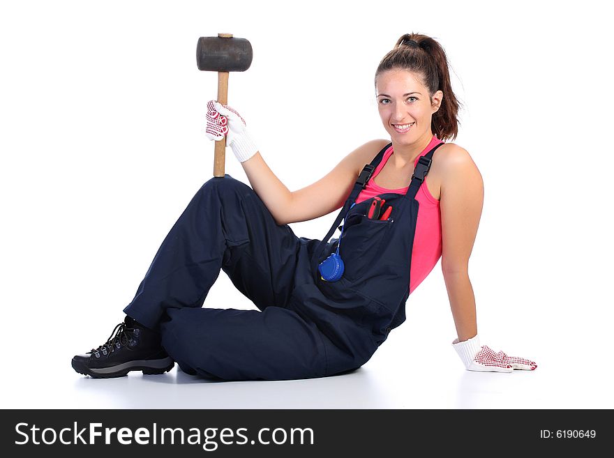 Woman with black rubber mallet on white background