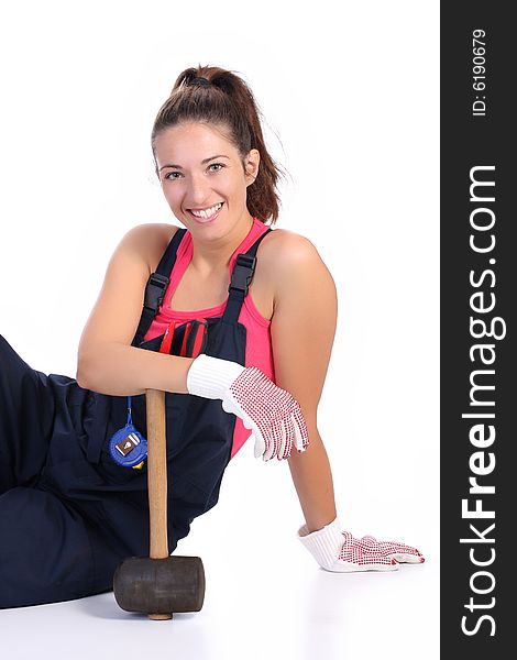 Woman with black rubber mallet on white background