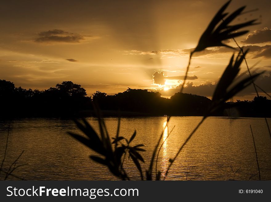 Sunset over a lake in Miami, Florida photographed with focus on the sky in the background. Sunset over a lake in Miami, Florida photographed with focus on the sky in the background.