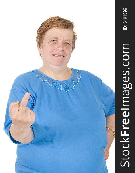 Elderly woman putting up her middle finger