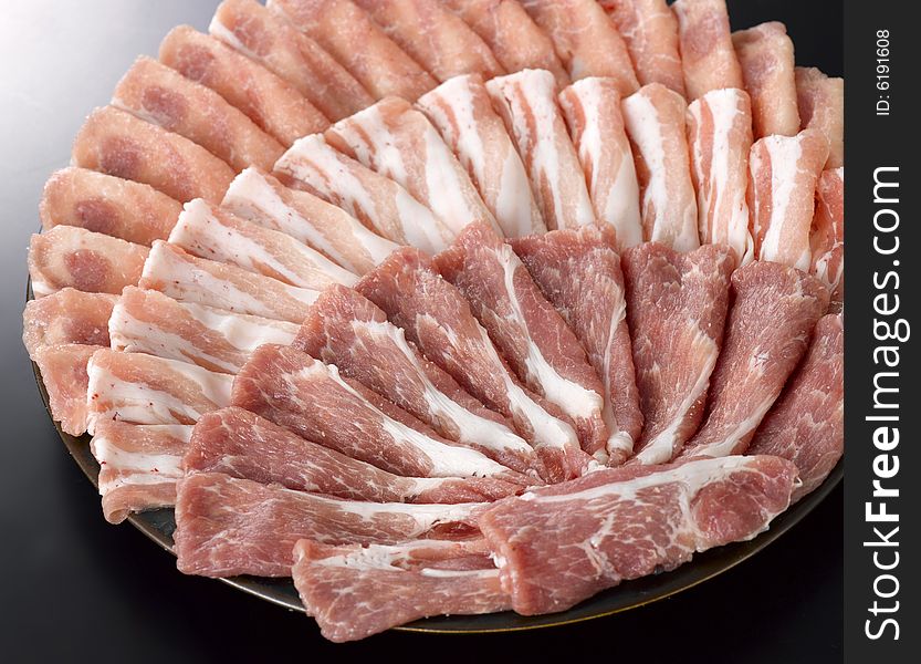 Three different parts of sliced pork