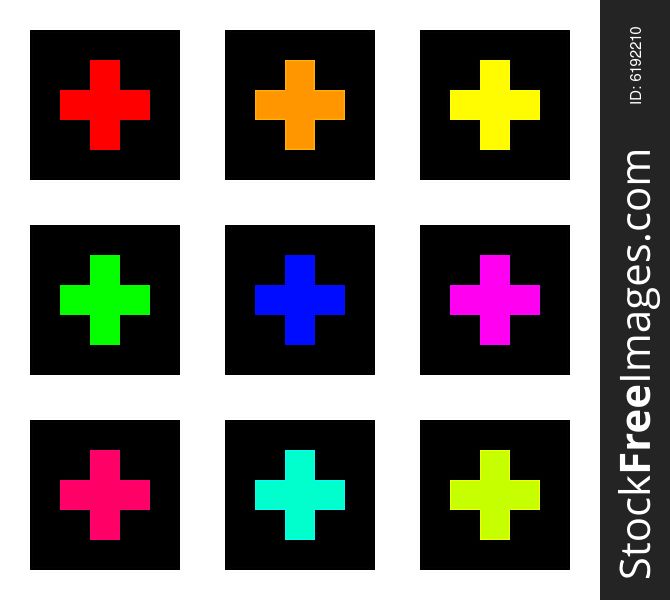 A collection of colored crosses, icons or symbols