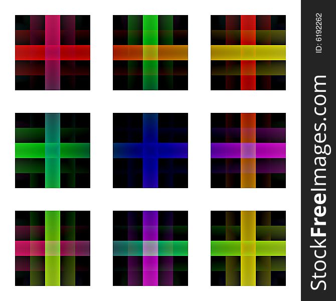 A collection of multicolored crosses for use as icons, symbols etc