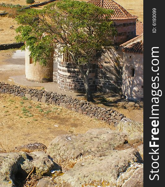 Santa Sabina Church near Silanus in Sardinia - Italy View from above, standing on top of the nuraghe. Santa Sabina Church near Silanus in Sardinia - Italy View from above, standing on top of the nuraghe