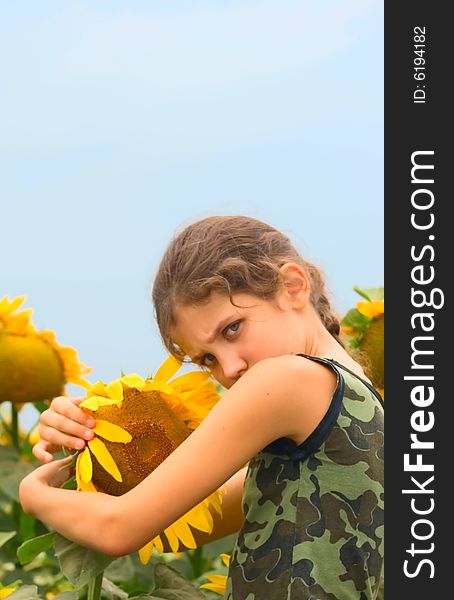 Beauty Teen Girl And Sunflower