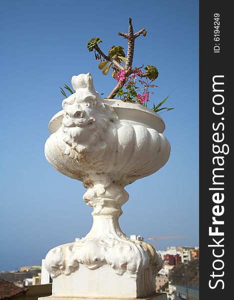 White flowerpot with a sculpture face at icod city tenerife spain. White flowerpot with a sculpture face at icod city tenerife spain