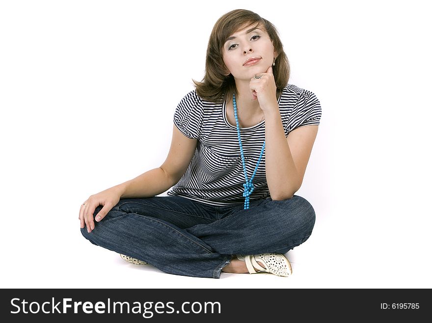 Young attractive woman on white background