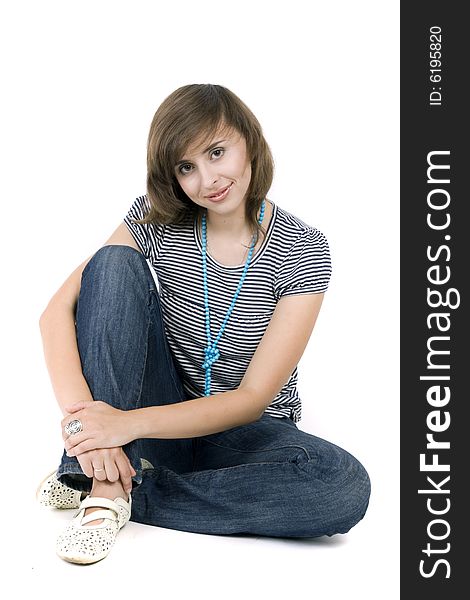 Young attractive woman on white background