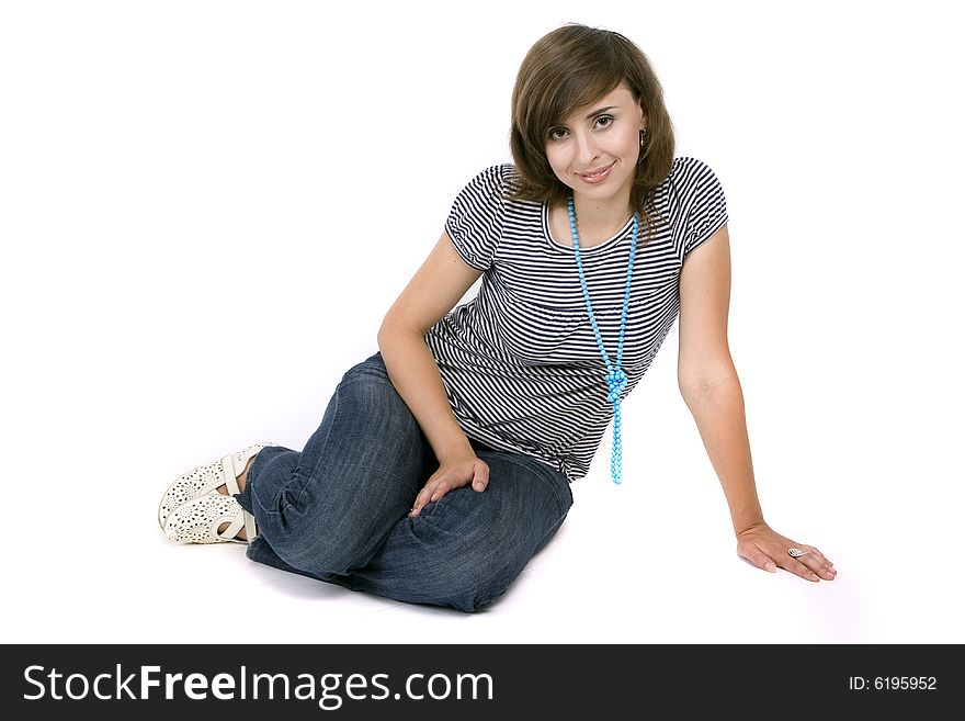 Young attractive woman on white background