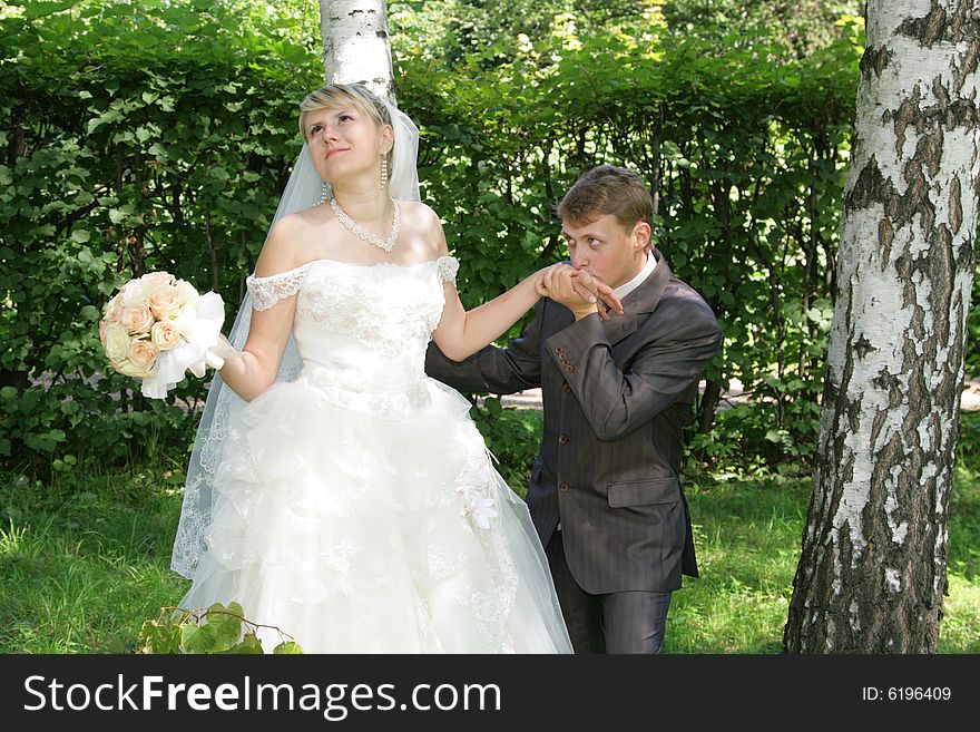 The groom and the bride during walk in park. The groom and the bride during walk in park