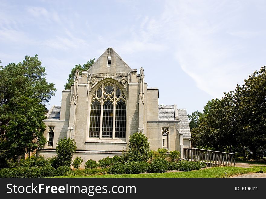 An old stone church with stained glass windows