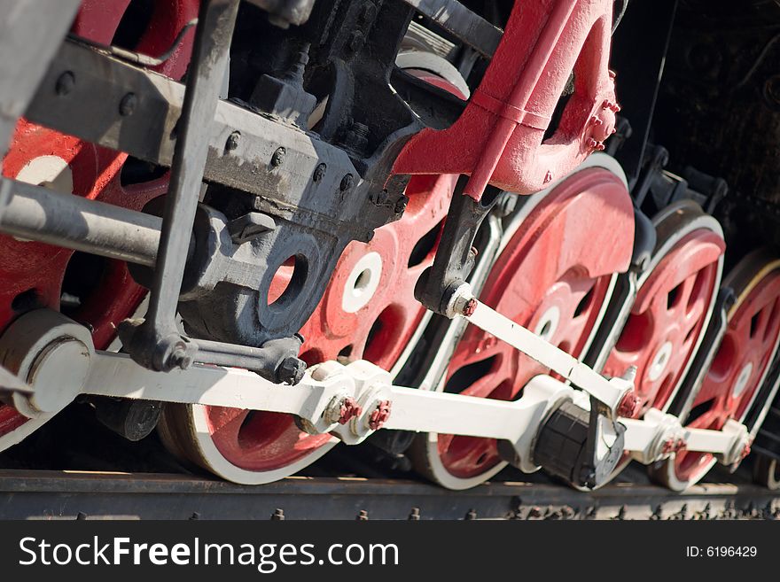 Red wheels of steam locomotive. Red wheels of steam locomotive