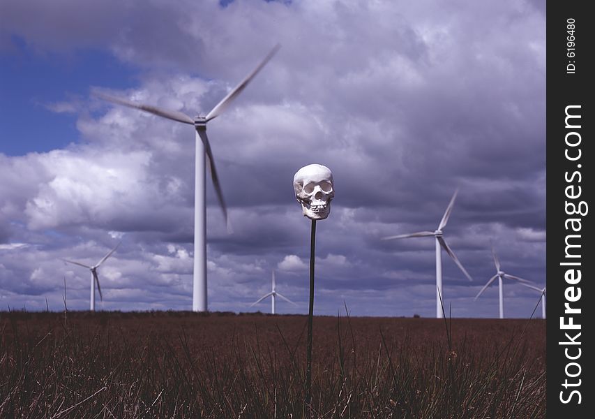 Human scull on pole in front of windfarm.