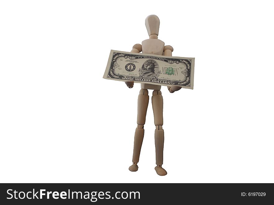 A wooden artists dummy holding a million dollar note. A wooden artists dummy holding a million dollar note