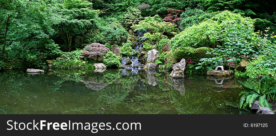 Reflecting pool with waterfall and bushes