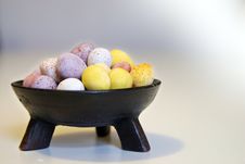 Mini Candy Chocolate Eggs In A Decorative Tripod Dish Stock Photos