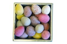 Mini Candy Chocolate Eggs In A Polished Silver Box (isolated) Royalty Free Stock Photos Mini Candy Chocolate Eggs In A Polished Silver Box (isolated) Royalty Free Stock Photos