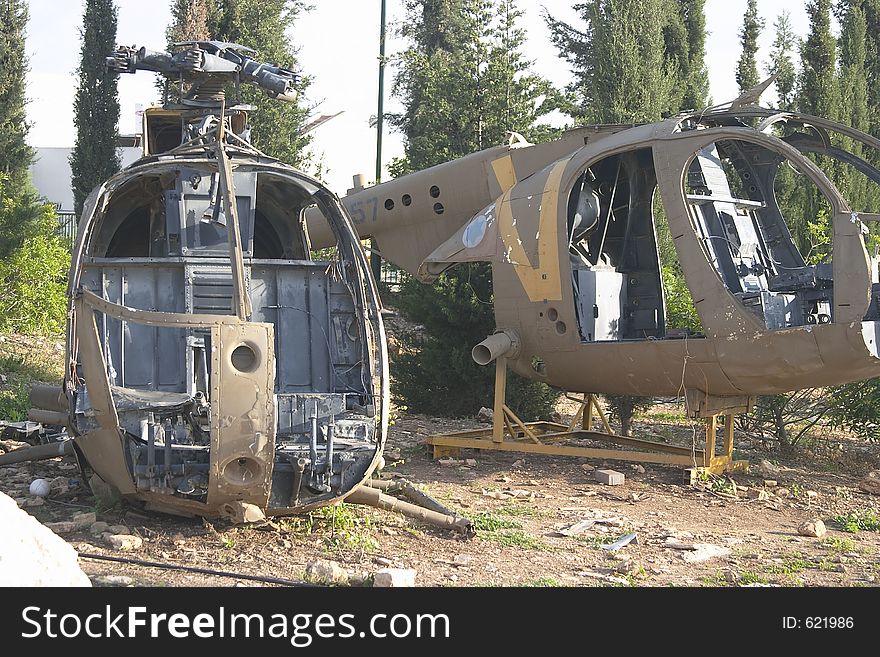 Two helicopter bodies - ruined