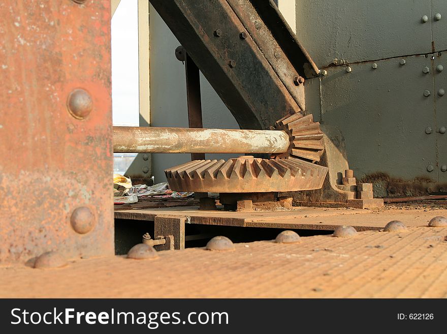 This picture is part of the gears that are placed in one of the harbor cranes in Frankfurt Eastend Harbor. This picture is part of the gears that are placed in one of the harbor cranes in Frankfurt Eastend Harbor