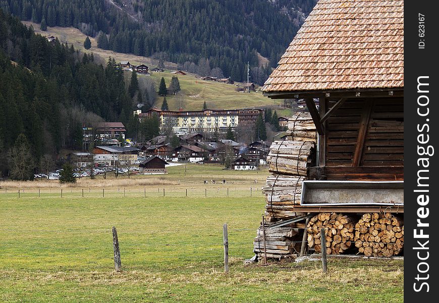 Lonely barn in the alps, typical panorama of switzerland