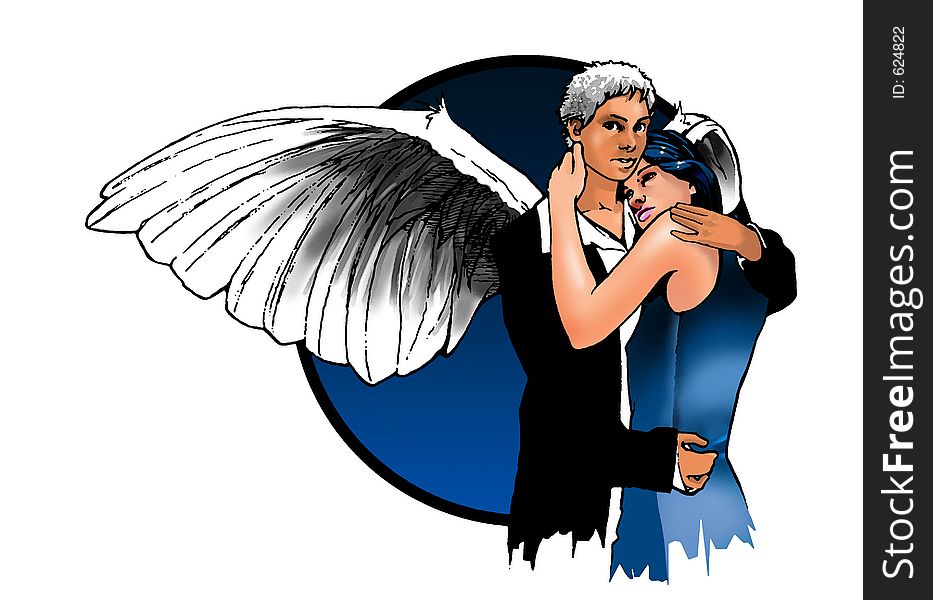 Angel & girl embracing (original illustration)