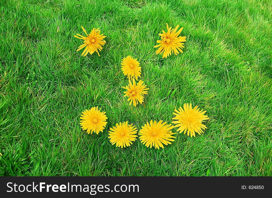 Smiley face sign - yellow flowers on green grass background. Smiley face sign - yellow flowers on green grass background.
