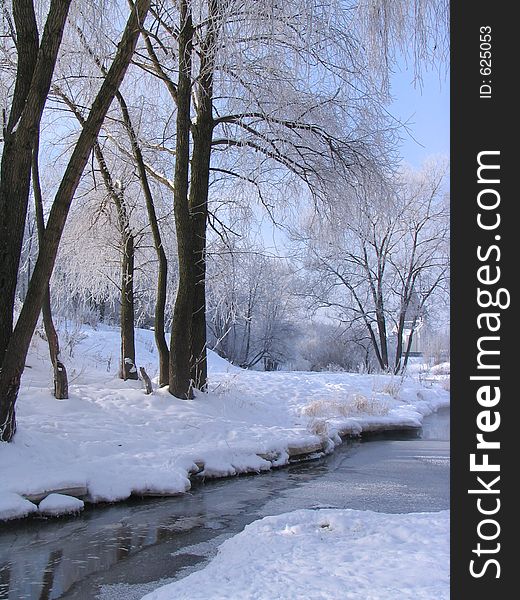 Coast of the small river during a strong frost. Coast of the small river during a strong frost