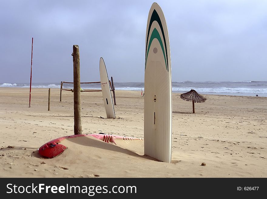 Several boards and other sports on the beach. Several boards and other sports on the beach