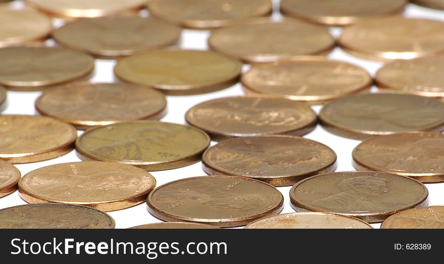 United States Pennies Laid Flat on a White Background. United States Pennies Laid Flat on a White Background