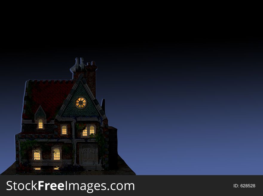 House with lights on, isolated on black and blue background,shadow-shape of a house. House with lights on, isolated on black and blue background,shadow-shape of a house