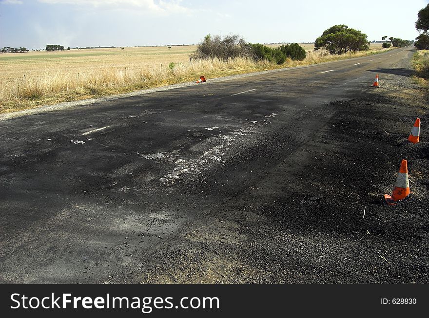 An area of scorched highway on the Yorke Peninsula, Suuth Australia. It was caused by a truck trailer catching fire due to a freak accident.