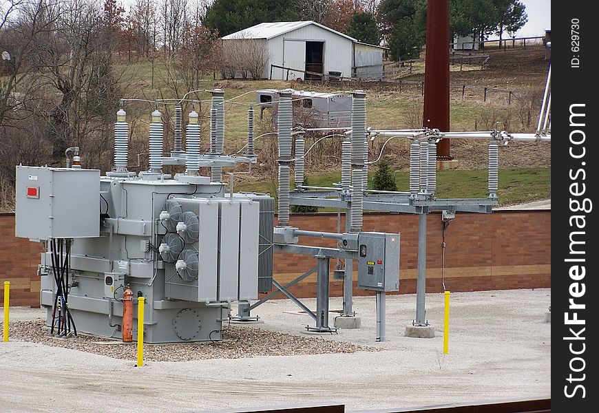 Substation transformer with associated bus work.