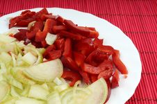 Red Pepper And Onion On Bamboo Stock Image Red Pepper And Onion On Bamboo Stock Image