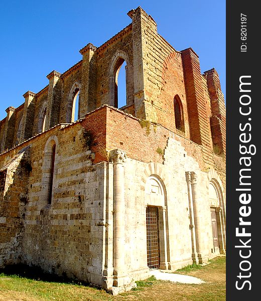 A beautiful shot of the outdoors of San Galgano abbey in Tuscany. A beautiful shot of the outdoors of San Galgano abbey in Tuscany