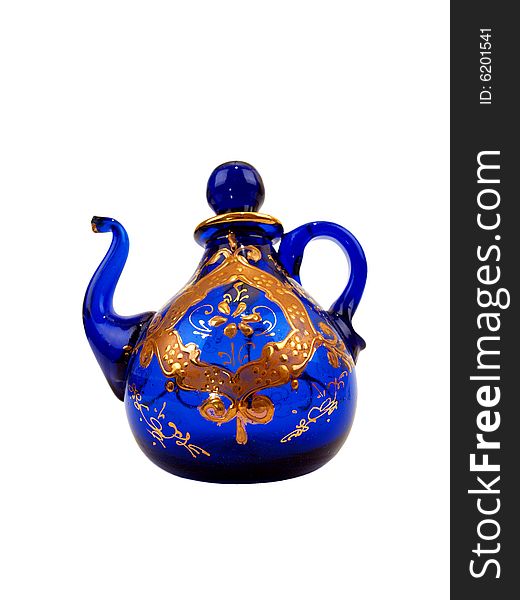 Crystal Blue gold colored Teapot right side view. Crystal Blue gold colored Teapot right side view