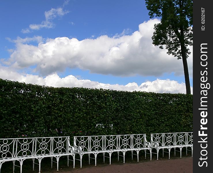 Bench in park and white clouds