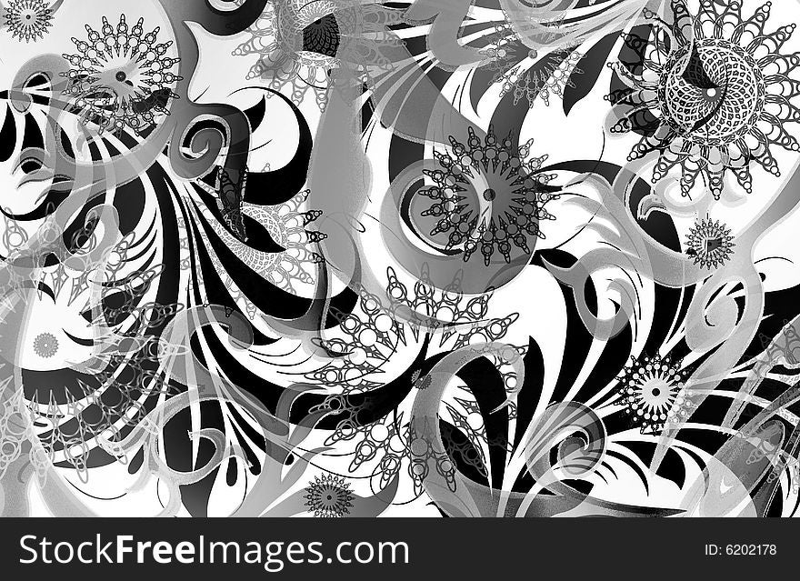 Abstract ethnic geometric scroll layout with mechanical star emblems and diffused scrolls. Abstract ethnic geometric scroll layout with mechanical star emblems and diffused scrolls