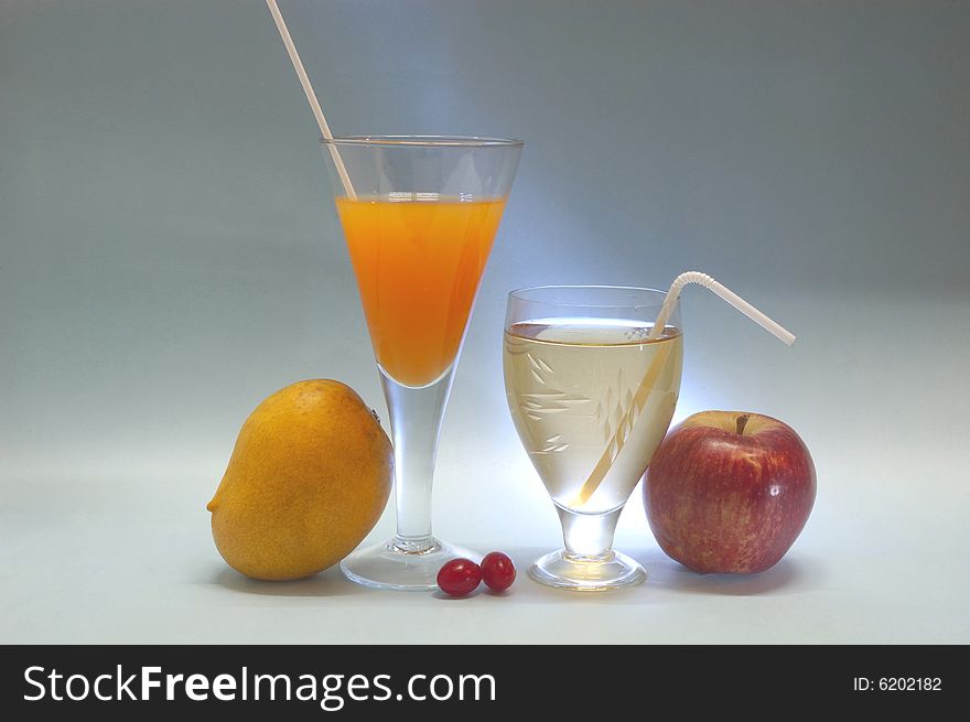 Still life with fruits & juice.