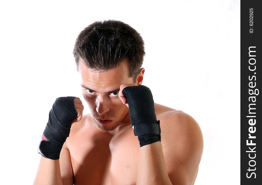 The young boxer on a white background .