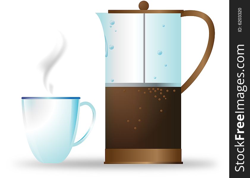 Hot coffee,cup with coffee and pot, beverage