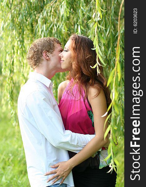 Cute young couple under green willow