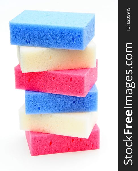 Shot of six coloured sponges for use in bathroom or kitchen